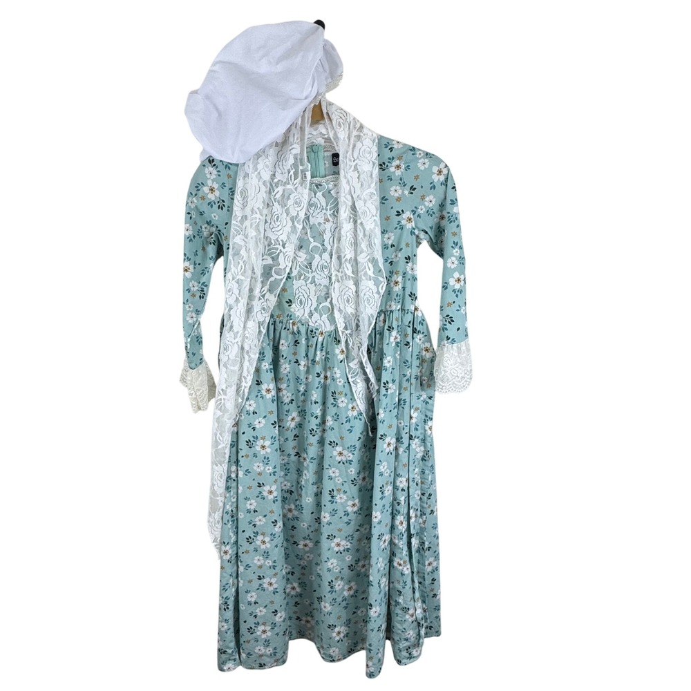 Scarlet Darkness Girls Pioneer Dress Set Blue Floral Lace Shawl Bonnet 10-11Y